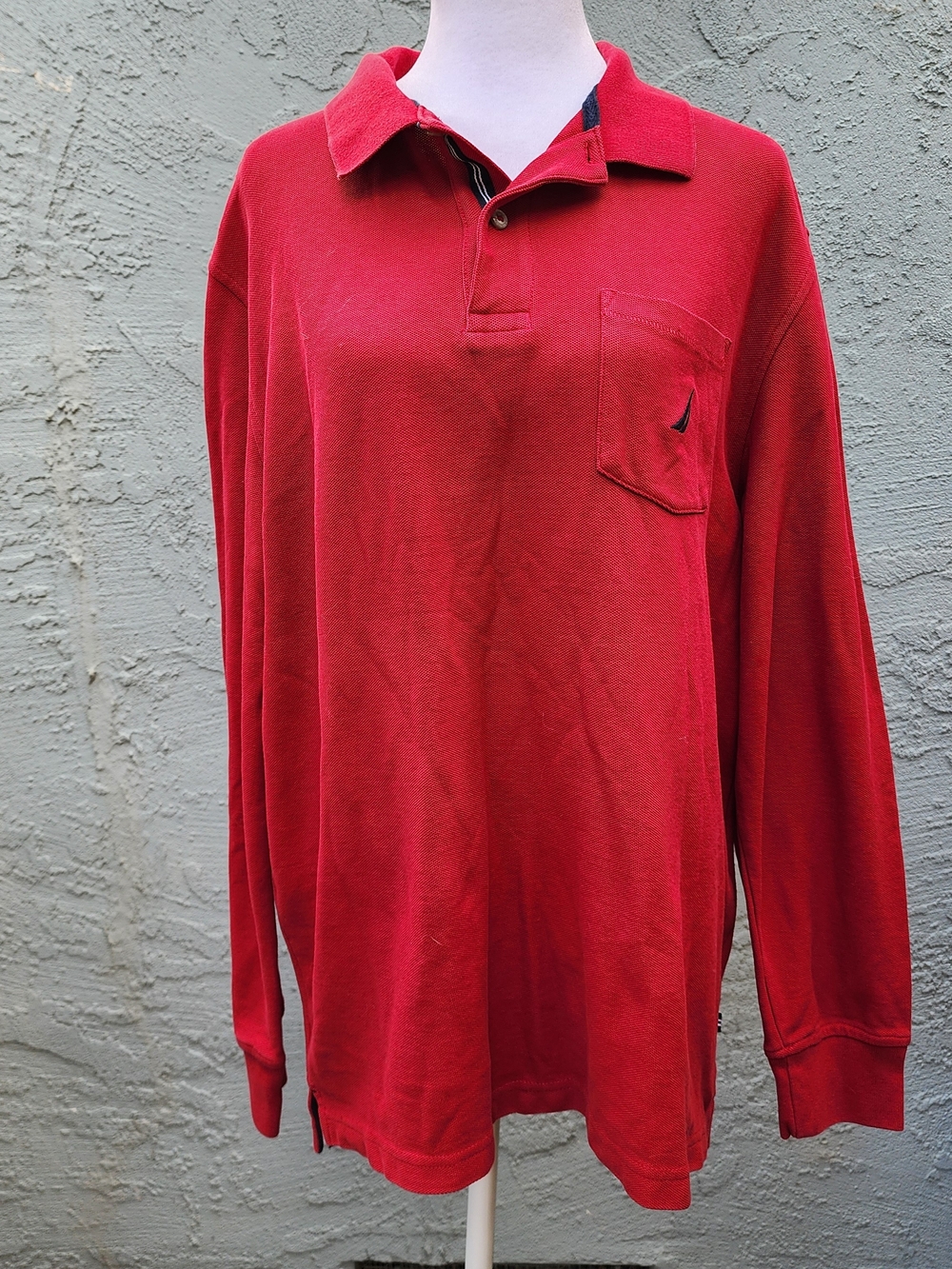 Nautica Red Long Sleeve Polo Shirt Chest Pocket Pique Size [L]